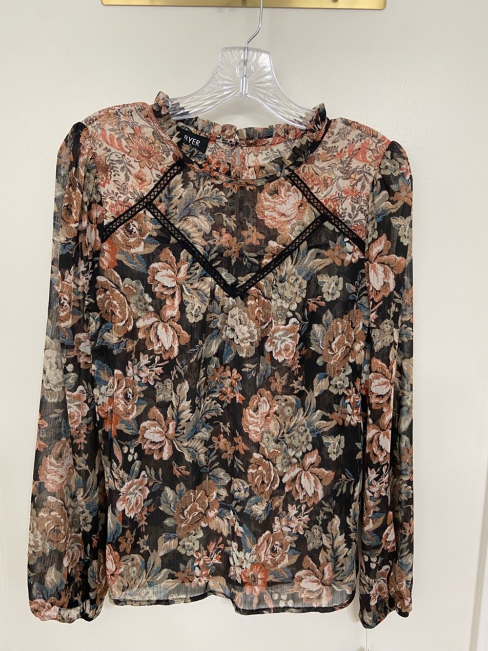 A. Byer Black Blouse with Brown, Cream & Blue Floral Print